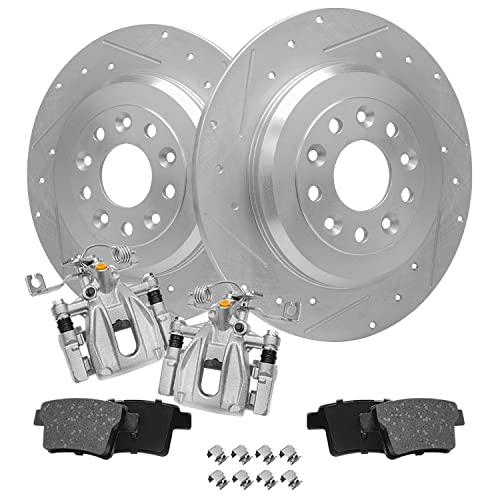 Image of Detroit Axle - Rear Drilled Rotors Calipers Brake Pads Replacement | for Ford Taurus X Freestyle Five Hundred Mercury Montego Sable - 6pc Set