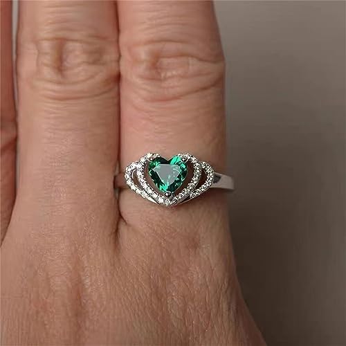 925 Sterling Silver Fashion Natural Emerald Ring Heart-Shaped Cut Cubic Zirconia Rings CZ Eternity Heart Engagement Wedding Band Ring for Women (US Code 9)