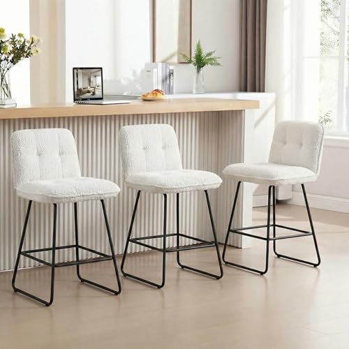 Image of Ollega 26 inch Counter Height Bar Stools with Back, Set of 3, White Velvet