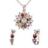 WSKFLY Colorful Snowflake Pendant Necklace Heart Earring Set in 18k Rose Gold Plated Ladies with 5A