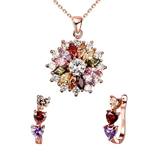 Wskfly Colorful Snowflake Pendant Necklace Heart Earring Set In 18K Rose Gold Plated Ladies With 5A Cubic Zirconia Christmas Jewelry Gift Birthday Gifts For Mom Wife Girls #TOP4