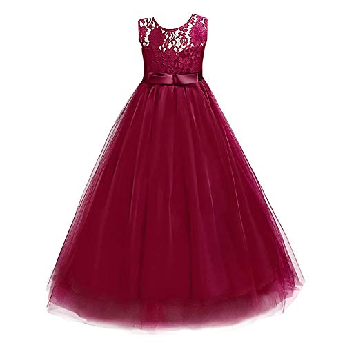 Big Girls Tulle Lace Princess Bowknot Dress Flower Girl Wedding Communion Evening Birthday Party Dress 4-14T3