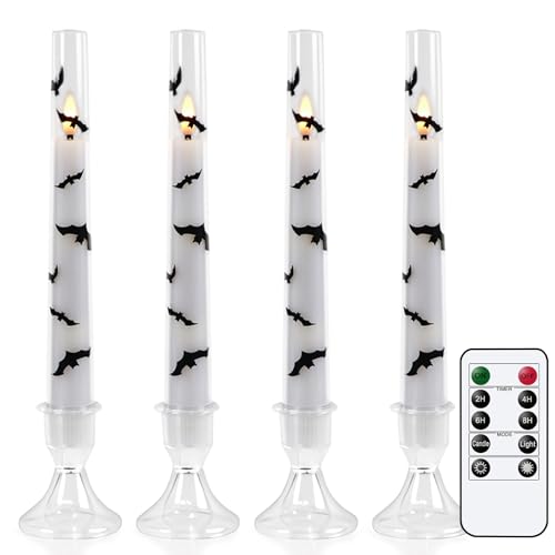 Image of GenSwin Halloween Flameless Taper Candles, 4 Pack Bats LED Taper Candles Battery Operated with Remote Timer, Acrylic Flameless Candlesticks with Bat Prints for Halloween Decor(0.78 inch x 7.87 inch)