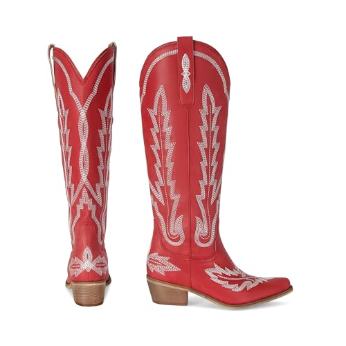 Image of STALOV Cowboy Boots for Women Pull On Chunky Heel Boots Knee High Cowgirl Boots Western Pointed Toe Boots Embroidered Suede Boots