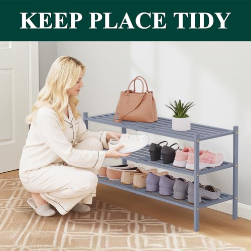 Image of Smiry Bamboo Shoe Rack, 5 Horizontal Slats, 3 Tier - 33.9 inch Wide, Grey