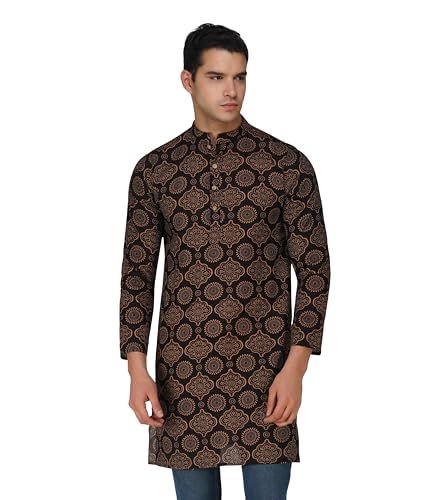 Image of Vastraa Fusion Men's Printed Kurta Pure Cotton Long Kurta, Round Collar, Full Sleeves, Button Kurta, Ethnic Wear