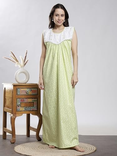 Image of 9shines Label Cotton Sleeveless Nighty | All Over Print Maxi Night wear for Women | Full Length Night Gown Night Dress for Women Stylish (Cotton Sleeveless 25)