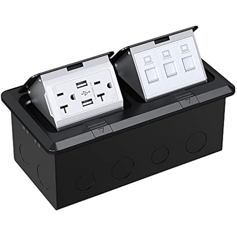 WEBANG Dual Pop-Up Floor Box Electrical Kit, 20 Amp Stainless Steel USB TR Receptacle Outlet, 3-Port RJ45 Datacom Receptacle, Black Cover