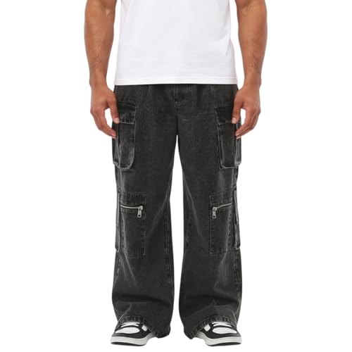 Mens Baggy Jeans Y2k Skater Vintage Plain Pants with Multiple Pockets Casual Wide Leg Loose Fit Cargo Denim Jeans
