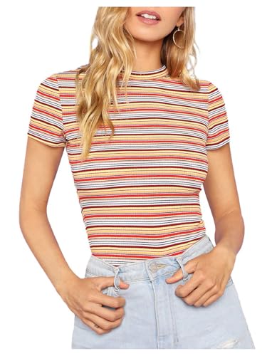 Milumia Women's Casual Multi Striped Ribbed Short Sleeve Solid Tee Knit Top