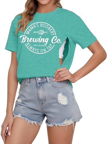 Image of UNIQUEONE Comfort Breastfeeding Shirts for Women Zip Nursing Tops Casual Distressed Acid Washed Maternity Tees