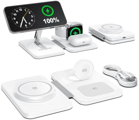 3 in 1 Magnetic Wireless Charger for Apple Multiple Devices, Foldable Fast Charging Station - Magsafe Charger Stand, Travel Charger Pad for iPhone 17 16 15 14 13 12 Series/Apple Watch/AirPods Pro
