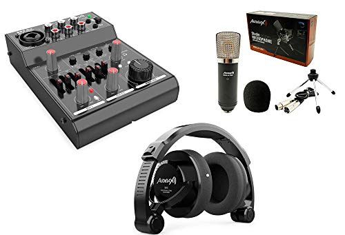 Audibax Pack Podcast - Incluye Mesa de Mezclas 202 Go, Micrófono de Condensador Berlin 1800 Silver Pack y Auriculares RH5 - Micrófono y Auriculares Profesionales de Estudio - Mesa de Mezclas de Sonido