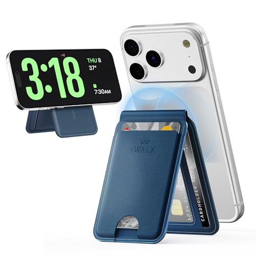 Image of iWALK Stronger Magnetic Wallet, Upgraded for MagSafe Wallet, RFID Blocking, 5 Card Holder with Adjustable Stand, Slim Leather Phone Wallets for iPhone 16 /15 /14 /13 /12 Series, iPhone Wallets Navy Blue
