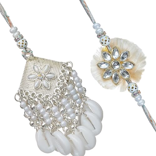 Image of eCraftIndia White Silver Pearl Shankh Kundan Designer Bhaiya Bhabhi Rakhis with Best Bro Ever Fridge Magnet | Set of 2 Rakhi for Brother and Bhabhi | Lumba Rakhi | Roli Chawal Pack