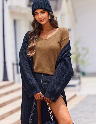Image of Zeagoo Womens Sweaters Fall Trendy Casual Long Sleeve Shirt Lightweight V Neck Off Shoulder Crochet Pullover Top Outfit
