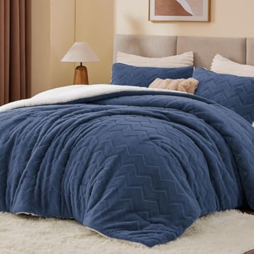 Image of BEDELITE Fluffy Sherpa Full Comforter Set,Navy Blue | Super Soft & Warm Fleece Bedding, Luxury Fuzzy Comforter for Winter, Heavy Plush Bedding Set,2 Pillowcases