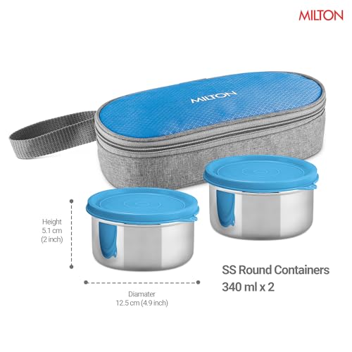 Image of MILTON Plato Pack Small Stainless Steel Lunch Box (2 X 340 ml containers) with Jacket | Leak Proof, Food Grade I Lightweight, Odour Proof | 1 Year Warranty I Ideal for Office, School, Travel, Blue