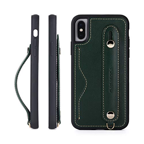 HANATORA iPhone Xs/X グリップケース レザー 本革 ストラップ付属 イタリア製牛革 ヌメ革 片手操作 カード収納 スタンド機能 メンズ レディース グリーン CGH-Xs-Green