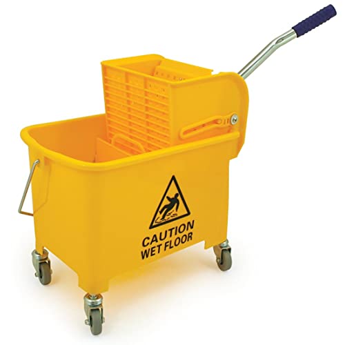 20L Mop Bucket and Wringer Kentucky Press Wheeled Cleaning Trolley with Metal Handle & Mop Holder Plastic Body Floor Cleaning Cart for Household and Commercial Use Yellow