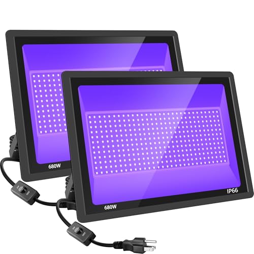 Image of 680W LED Black Lights, Blacklight Flood Light with Plug & Switch, 395nm IP66 Outdoor Waterproof Blacklight for Halloween Party, Stage Light, Body Paint, Neon Glow (2 Pack)