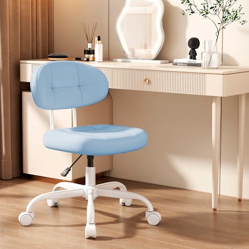 Image of Misolant Vanity Chair with Back, Small Armless Cute Office Chair with Wheels and Lumbar Support, Comfy PU Leather Desk Computer Chairs with Adjustable Height, 360Swivel for Home Bedroom Office, Blue