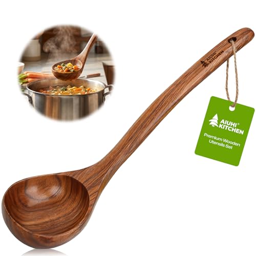 AIUHI 12.6″ Larger Wooden Ladle for Cooking, Long Handle Soup