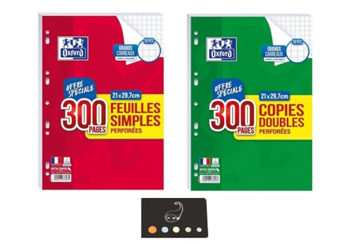 Lot de 300 feuilles simples + 300 copies doubles grand carreaux seyès perforées A4 + 1 Index Adhésif Blumie