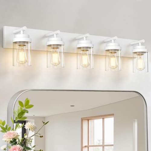 Image of IZORRO Bathroom Light Fixture White, Clear Glass Shade 36-Inch 5-Light