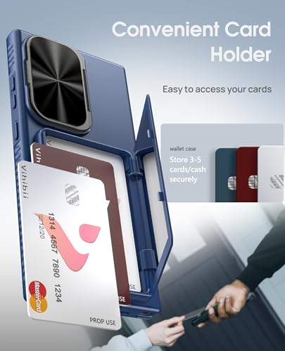 Image of Vihibii PC + Silicone For Galaxy S24 Ultra Back Cover With Card Holder(4 Cards)&Kickstand&Camera Lens Cover,Military Grade Protection Rugged Shockproof Phone Case For Samsung S24 Ultra 6.8 inch,Blue