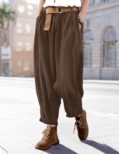 YESNO Women Baggy Cropped Pants Corduroy Casual Elastic Waist Fall Fashion 2024 Trousers with Pockets PCJ3