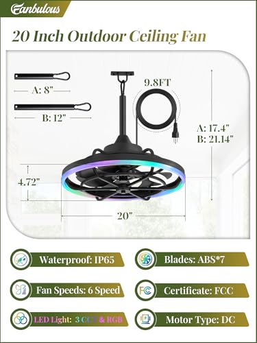 Image of Fanbulous Outdoor RGB Ceiling Fans with Light, 20 inch Waterproof Gazebo Fan | IP65, Weatherproof, Plug in, Remote&APP Control, 3CCT Dimmable,2H Timer, Caged, with Hanging Hook for Patio, Porch, Pergola