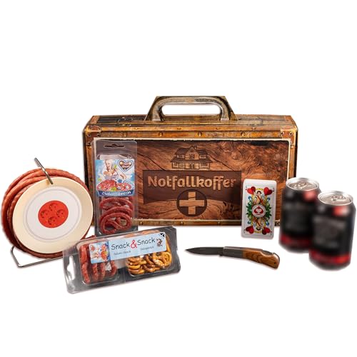 WURSTBARON&reg; - M&auml;nner-Notfall Koffer - Geschenk Koffer mit Wurst-Kabeltrommel, Whiskey-Cola, Kartenspiel und mehr