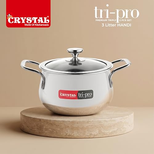 Image of Crystal Trival Triply Stainless Steel Stock Pot | 3 Liters with Glass Lid | Biryani Pot, Handi Shaped /Casserole | Weight-1.7 kg | Induction Friendly | 100% Toxin-Free | Healthy Cooking, Less Oil Use
