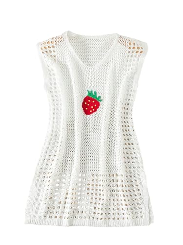 Milumia Girl's Crochet Swim Cover Up Strawberry Sleeveless Short Coverup Dress Beachwear