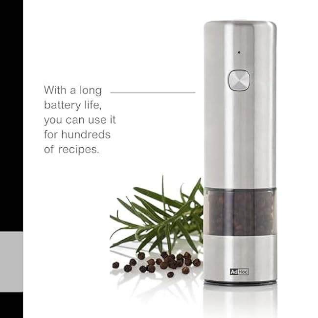 AdHoc Electric Salt & Pepper Grinder - Spice Grinder with One-Button Operation - Mill with CeraCut Ceramic Grinders - Uses SilentDrive for Quiet Operation - Battery Powered Spice Grinder - Mini