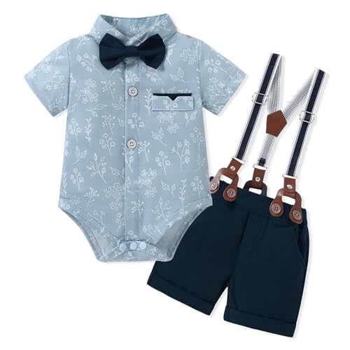 Baby Boy Clothes Suits 3-24M Infant Gentleman Wedding Outfits, Short Sleeve Shirt + Bowtie + Suspender Shorts Set