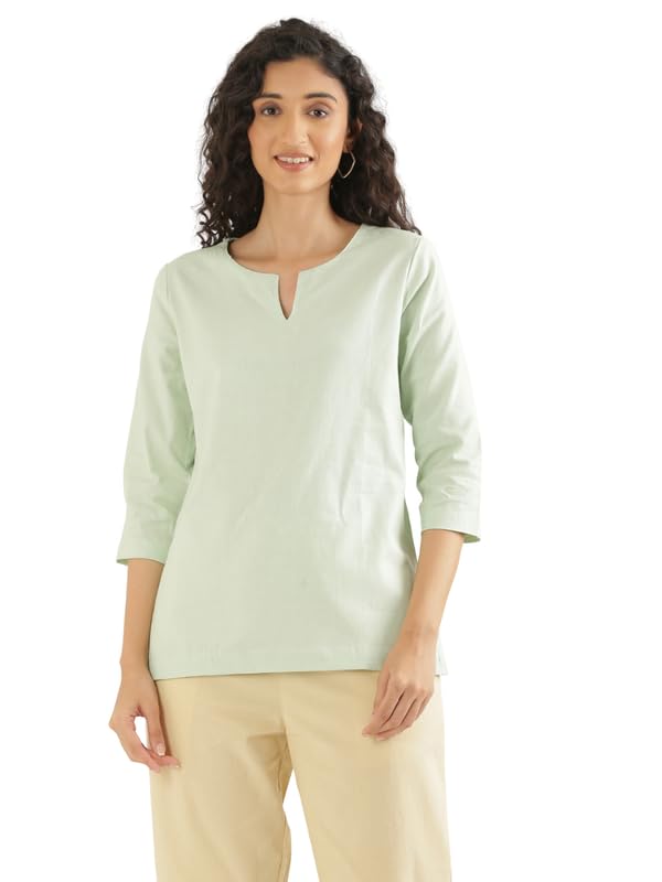 Image of SAADAA Airy Linen Split Neck Short Kurta for Women | Casual & Office Wear | 3 /4 Sleeves, Comfortable Fit | Elegant Top | Lightweight & Breathable Fabric |