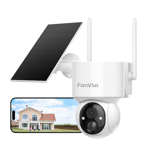 2K Solar Security Cameras Wireless Outdoor, 360°PTZ Battery Powered Cameras for Home Security, 2.4G WiFi Outdoor Camera with Color Night Vision, IP66 Waterproof, Motion Sensor Alarm, White W