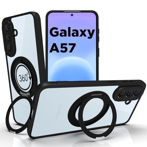 Image of RIGGEAR Shockproof Sleek Hybrid Armor 360 Rotating Magnetic Ring Stand Back Cover Case Compatible with MagSafe Accessories for Samsung Galaxy A57 5G (Clear PC + Black TPU Bumper)