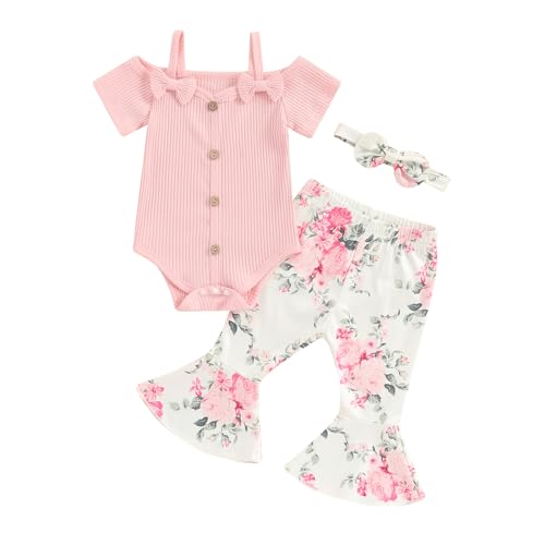 Image of fhutpw Newborn Baby Girl Clothes Infant Rib Frill Long Sleeve Romper Flared Pants Headband Set 3pcs Fall Winter Outfits