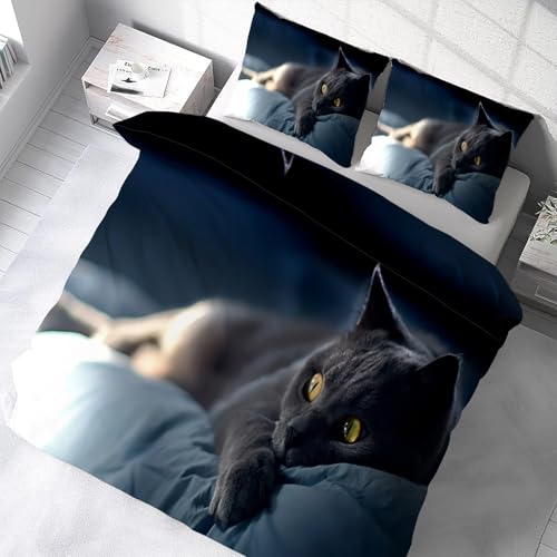 Housse de couette 220x240 chat anti-plis en microfibre douce facile d'entretien