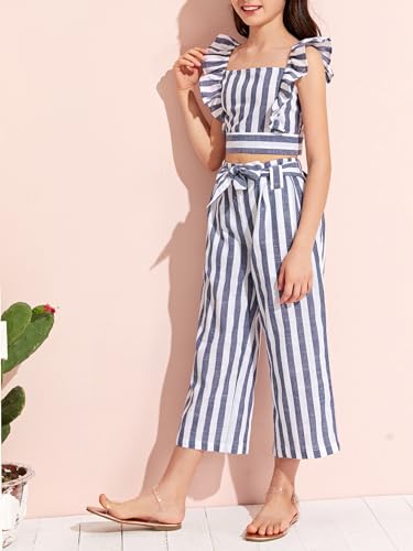 Image of Floerns Girls 2 Piece Outfit Boho Striped Ruffle Sleeve Crop Top and Bow Front Pants Set Navy Blue 7Y