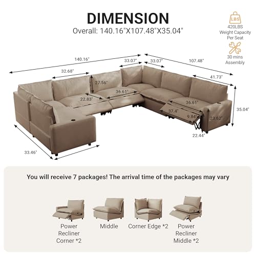 Image of 135.5 inch Power Reclining Sofa with Wireless Charging & Heated Seats,Smart Recliner Sectional Couch,Zero Gravity Recliner Sofa,Deep Seat Cloud Couch for Living Room Home Theater,Khaki,7 Seats