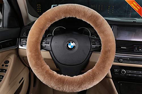 Sisha Funda para volante de coche, 100% piel de oveja australiana, suave, cálida, duradera y de alta elasticidad, para la mayoría de coches, camiones, SUV o furgonetas (bronceado claro)
