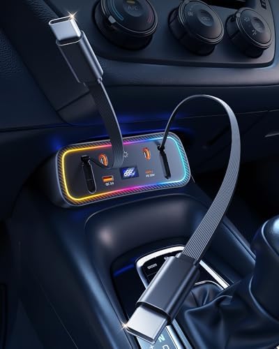 DICMKY Car Charger Usb Hub with RGB Light for 2026 2025 2024 2023 2022 2021 2020 Toyota Corolla Accessories, 4-Port Docking Station with Retractable Cable, Phone Fast Charging Hub with Voltage Display