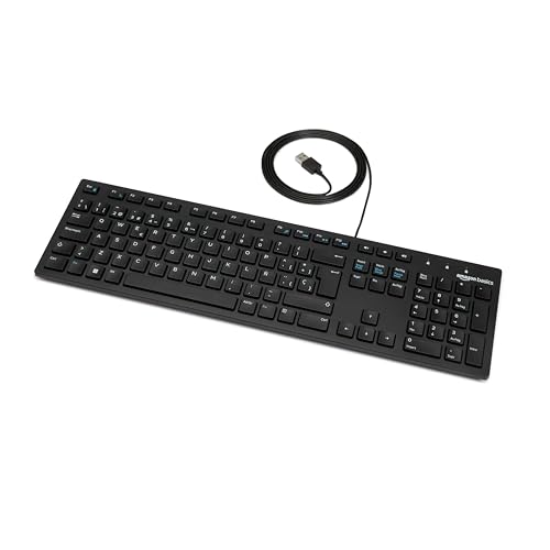 Amazon Basics Teclado con Cable USB y Base Fina, diseño español,