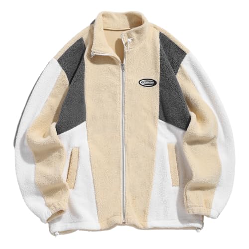 ZAFUL Men's Long Sleeve Zip Up Coat Faux Fur Ethnic Color Block Pullover Tops Pocket Drawstring Hem Oversized Outwear Jacket