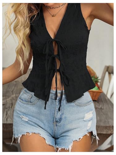 SweatyRocks Women's Tie Front Vest V Neck Tank Top Casual Y2K Sleeveless Top3