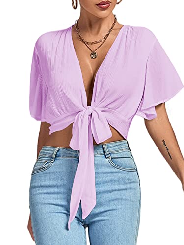 Image of LYANER Women's Sexy Deep V Neck Tie Front Wrap Cropped Blouse Bell Short Sleeve Ruffle Crop Tops